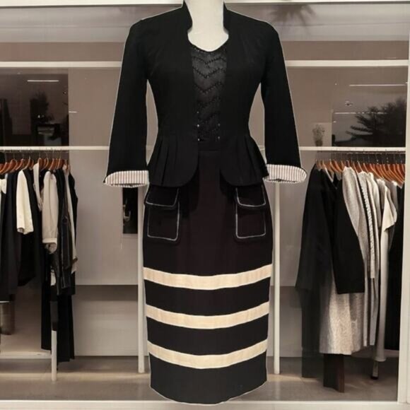 NEW Linen Skirt Suit Striped Pencil Skirt Sz 4 Pleated Peplum Blazer Sz 0 NWOT - Picture 1 of 16